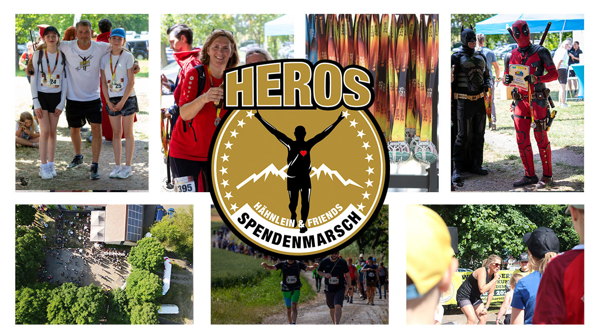 Collage mit Szenen vom HEROS Spendenmarsch 2025: In der Mitte das goldene Event-Logo mit einer laufenden Figur vor Bergsilhouette.