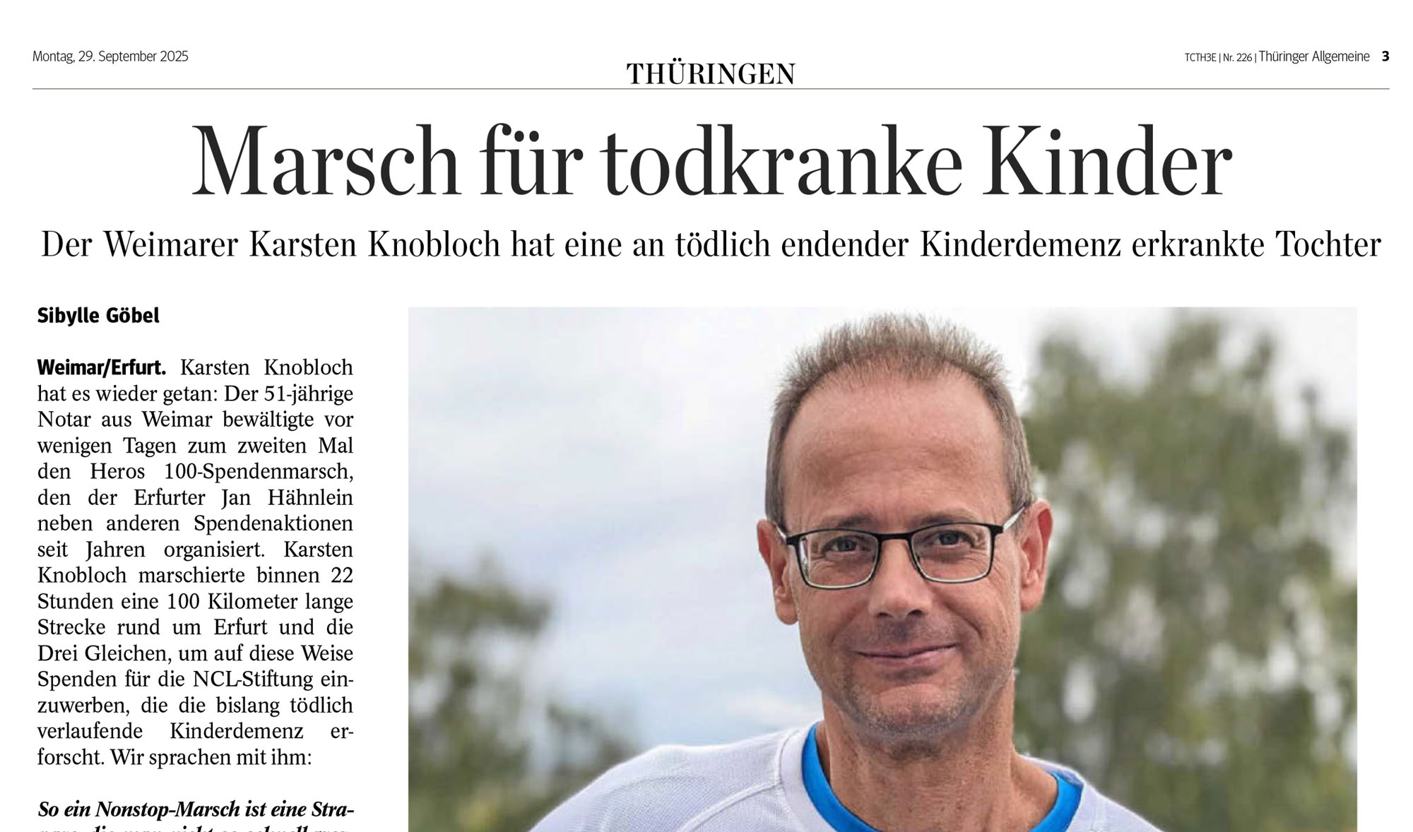 Zeitungsartikel erschienen in der Thüringer Allgemeine, Montag, 29. September 2025