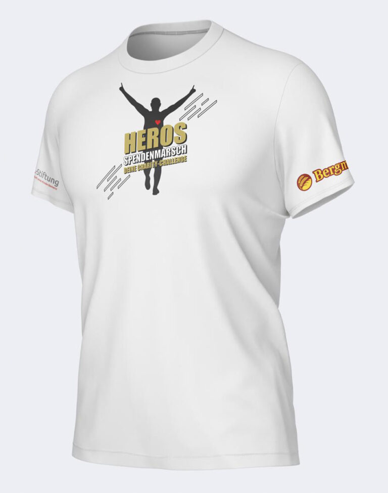 Weißes T-Shirt mit HEROS Spendenmarsch Logo: Silhouette eines Läufers mit rotem Herz und goldener Schrift. Logos der NCL-Stiftung und Bäckerei Bergmann sind auf den Ärmeln abgebildet.